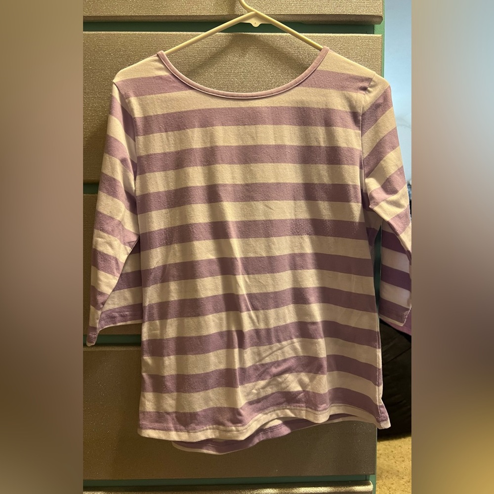 Purple and white striped elbow shirt